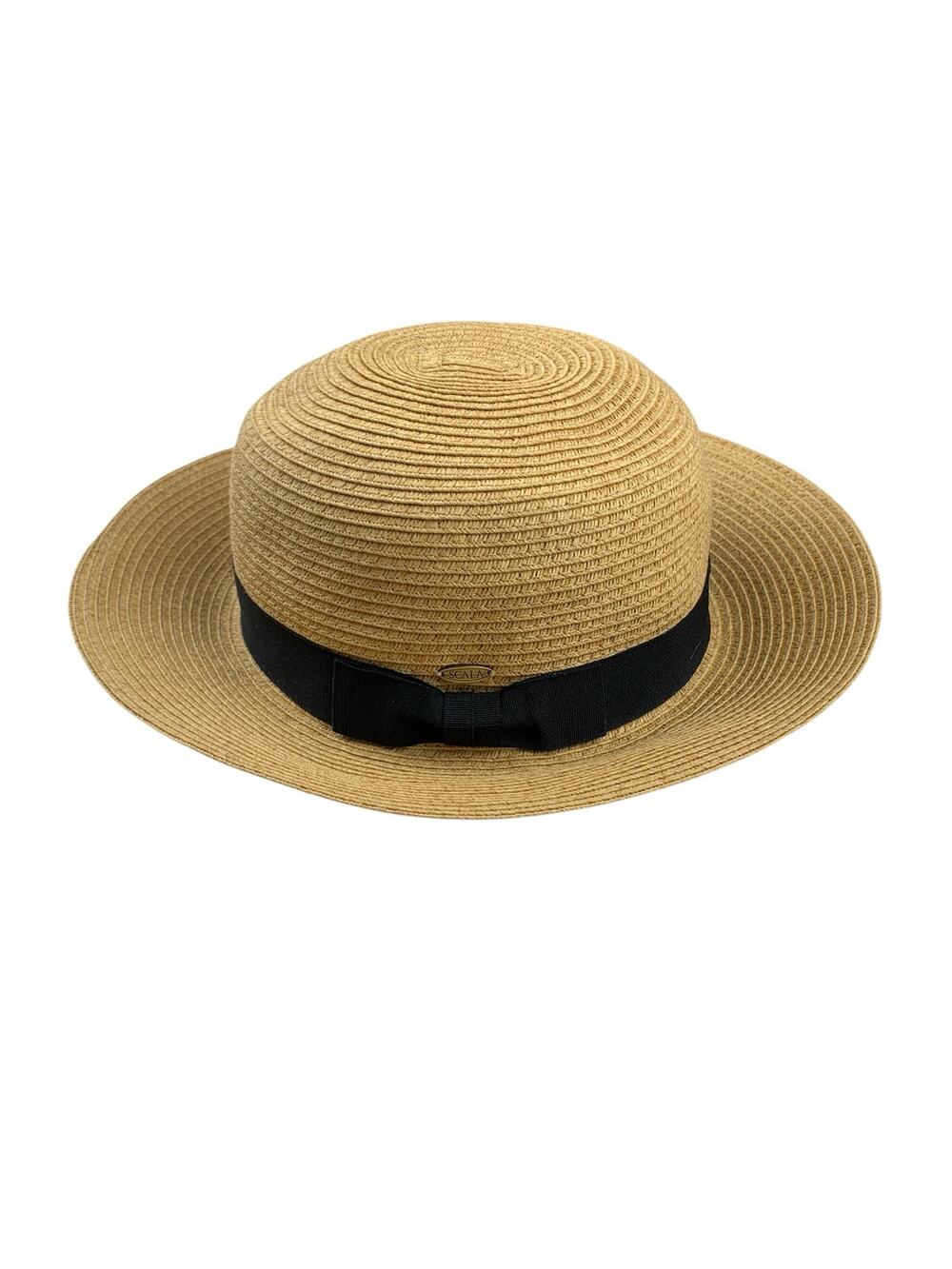 Scala Collezione Straw Boater Sun Hat Black Ribbon Band Trim Women's One Size